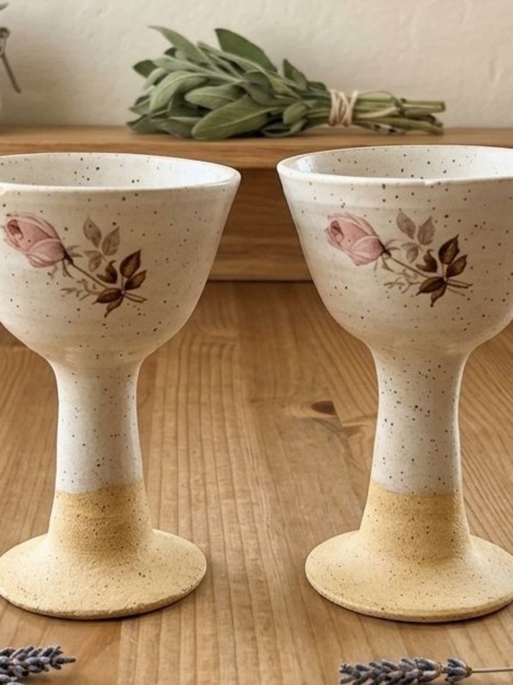 Speckled Ceramic Goblet with Pink Rose Motif - Set of 2